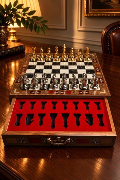 banabirhediye Premium Handmade Chess Set, Black and White, Gold - Silver Metal Pieces, Wooden Chess, Gift, Chess Set 33 × 33 × 7 cm