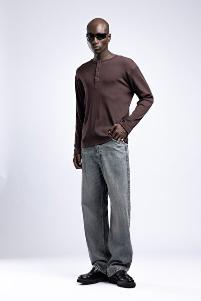 Catch Henley Yaka Fitilli Düğmeli Uzun Kollu Sweatshirt