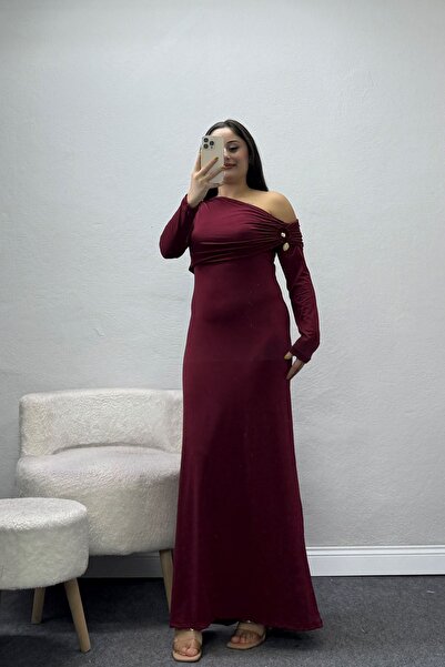 BELENDİR فستان نسائي بياقة غير متماثلة من ساندي، لون أحمر داكن