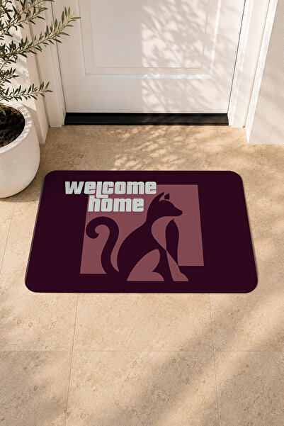 Kedi Figürlü Welcome Home Dekoratif Kapı Önü Paspası