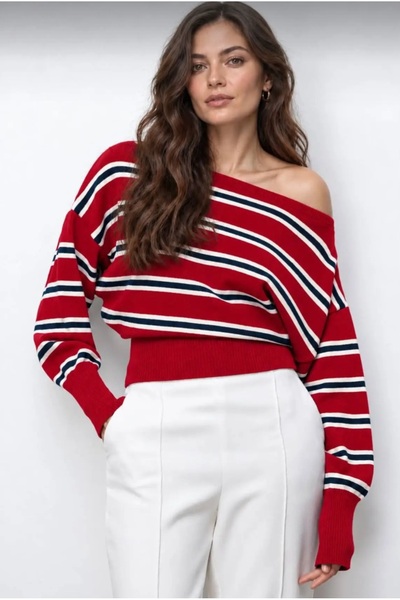 Budan Export Women's Boat Neck Striped Ribbed Waist Balloon Sleeve Loose Shor...