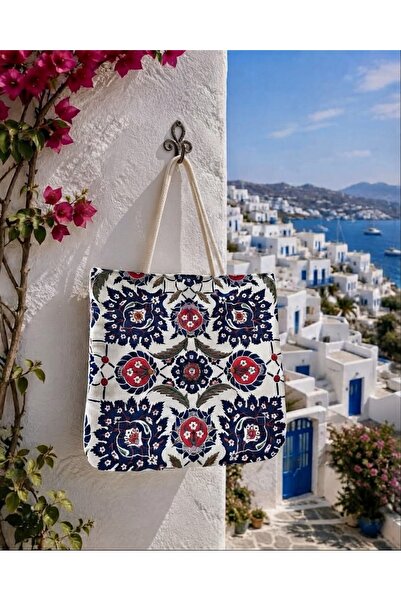 Zehra ana Traditional Ottoman Blue Floral Patterned Tapestry Handbag / Tote Bag (35X40 cm)