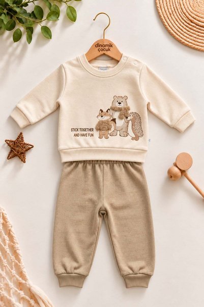dinamik çocuk Baby boy fox bear hedgehog printed plush detailed sweatshirt tr...
