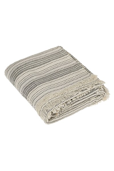 OEM Pătură decorativă Ecru cu dungi negre și franjuri pentru canapea cu 3 loc...