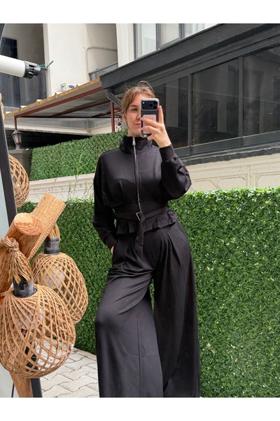 OYS MODAL KIŞLIK GRAMAJLI KUMAŞ DİK YAKA ETEK PİLELİ KEMERLİ CEKET PANT. TAKIM