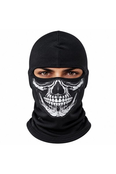 Wak Unisex Kurukafa Desenli Balaklava Kışlık Tam Yüz Maske Nefes Alan Esnek Kask Altı Boyunluk Siyah Set