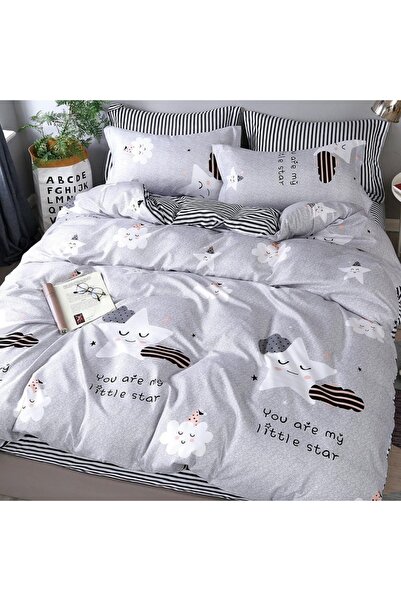 decorami Double bed linen with Stretchy, satin Cotton , Gray, clouds, stars