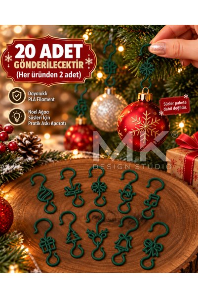 MK DESIGN STUDIO 20’li Figürlü 3D Baskı Noel Ağacı Süs Askı Aparatı Seti | Yı...