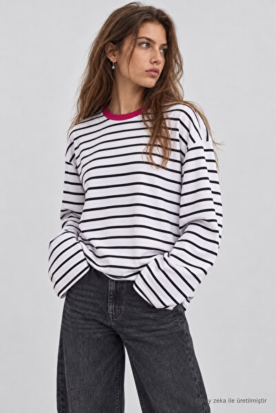 Lovelyİstanbul Oversize Çizgili Örme Sweatshirt LRN0079 EKRU SİYAH