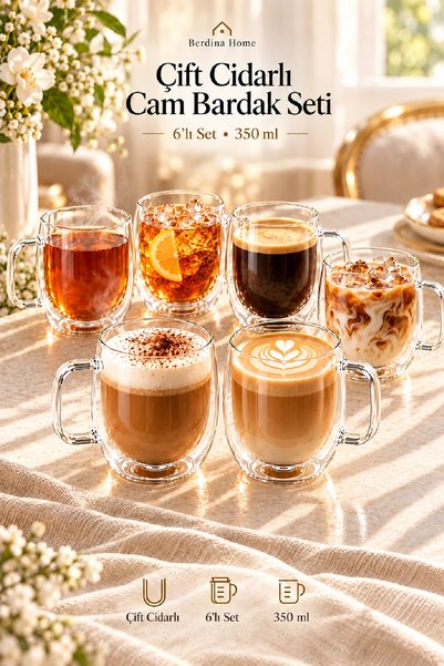 Berdina Home 6’lI Çift Cidarlı Kulplu Cam Bardak Seti Çay Kahve Latte Cappuccino Soğuk İçecek Sunumu İçin 350 ml