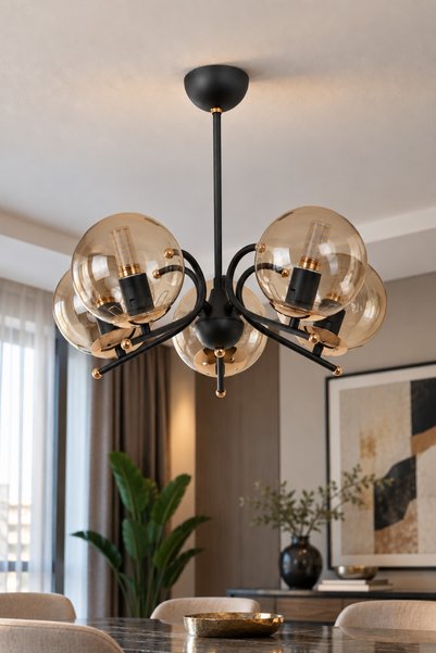 MŞ Aydınlatma Sienta Siyah Gold 5 Bal Camlı Avize
