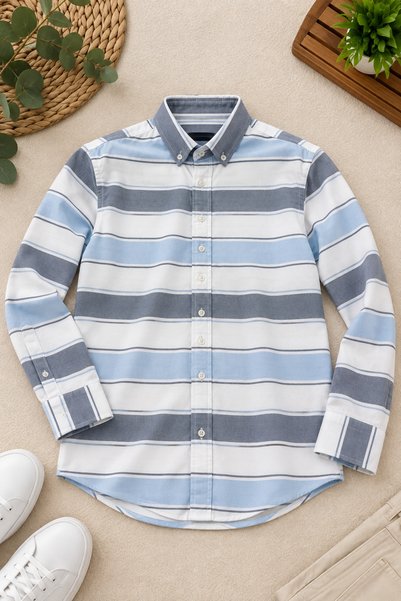 HELMİRA Men's Striped Long Sleeve Shirt - Regular Fit Button-Down Collar