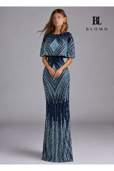 BLOMO Luxury Embroidered Cape Style Evening Dress in Navy Blue (Can Be Worn W...