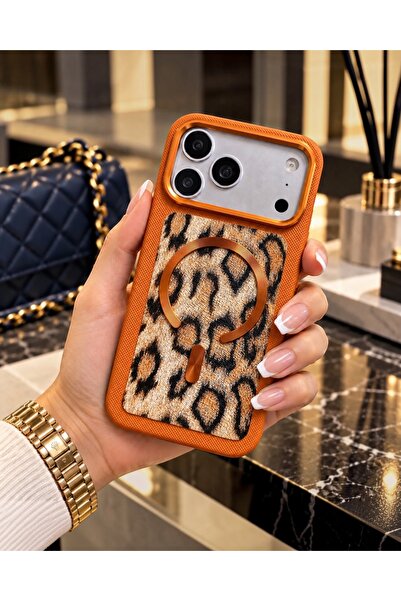 KILIF HOUSE Iphone 17 Pro Max Uyumlu Metal Çerçeveli Lüks Leopar Desenli Mags...