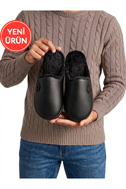 STOCON Erkek Ev Terliği Siyah Deri İçi Kürklü Peluş Sıcak Tabanlı Kışlık Konf...