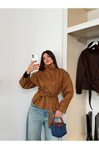 LB Laluna Butik معطف نسائي ياقة مرتفعة متوسطة الطول من جلد الغزال
