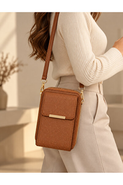 EdButikModa Black Embossed Patterned Crossbody Bag with Phone Compartment
