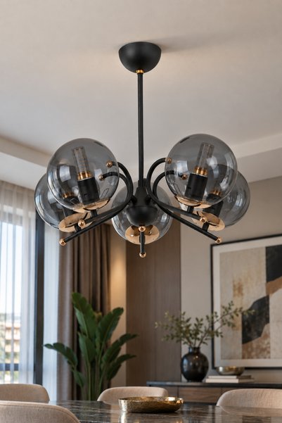 MŞ Aydınlatma Sienta Siyah Gold 5 Füme Camlı Avize