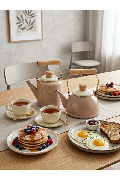 Generic طقم أباريق براد شاي و قهوة 1.5 + 1.3 لتر بتصميم عملي معدني وأنيق للاستخدام المنزلي و الضيافة بيج غامق /أبيض