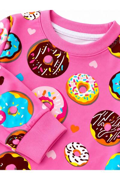 Fil Kids Girls 100% Cotton Pink Color Donuts Patterned Patterned Long Sleeve Winter Interlock Pajamas Set