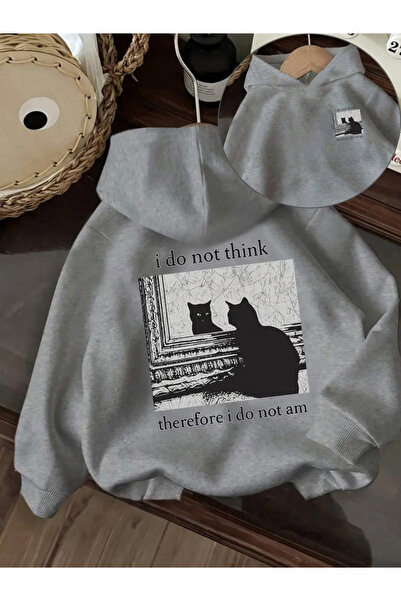 one button Unisex Thinker Cat Φούτερ με στάμπα διπλής όψης, Premium με κουκού...