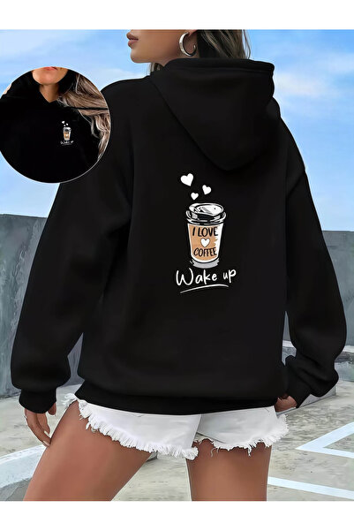 one button سويت شيرت نسائي كبير الحجم بقلنسوة وطباعة على الوجهين باللونين الب...