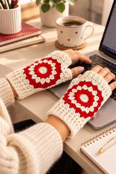 Awesomecrochet Hand Knitted Cream Red Floral Pattern Fingerless Gloves Hand Warmer Winter Knitted Gloves