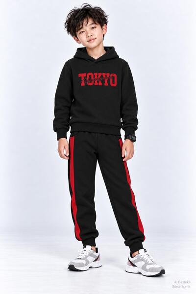 Perendi Boy's Front and Back Printed Hooded Winter Tracksuit Set
