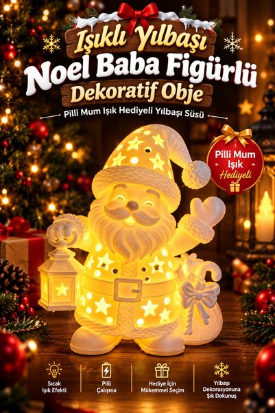 Genç 3D Işıklı Yılbaşı Noel Baba Figürlü Dekoratif Obje Pilli Mum Işık Hediye...