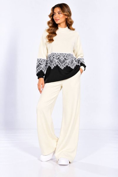 Focus Light Women's Lace Detailed Half Turtleneck Sweater and Wide Leg Pants ...