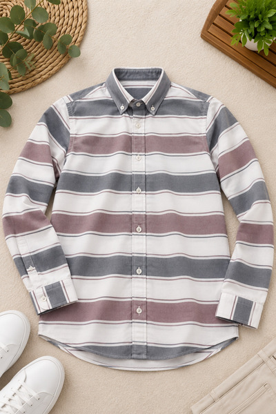 HELMİRA Men's Striped Long Sleeve Shirt - Regular Fit Button-Down Collar
