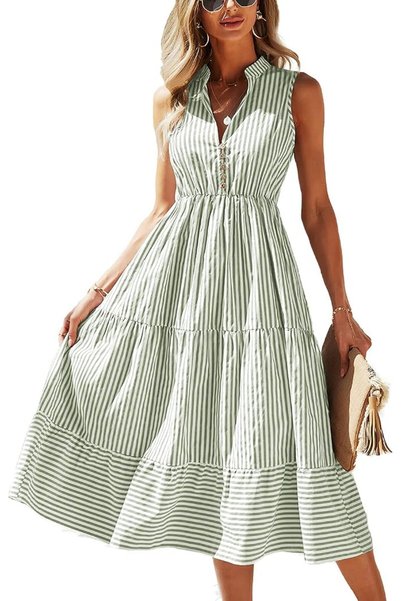 GENERAL BROVAVE Womens 2024 Summer Sleeveless Shirt Dress Collar Striped V Ne...