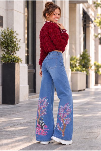 WeShaya Yeni Sezon ,Sakura Desenli ,Geniş Paça , Kot Pantolon , Açık Mavi