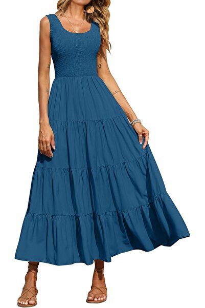PRETTYGARDEN Women's Casual Loose Plain Maxi Sundress Smocked Tank Dress Slee...