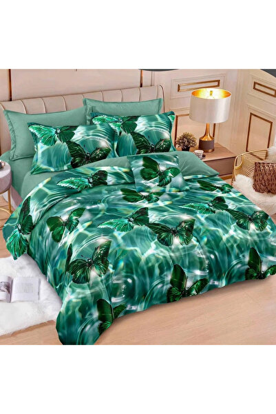 decorami Double bed linen with Stretchy, Finet, 6 pieces, Green, butterflies