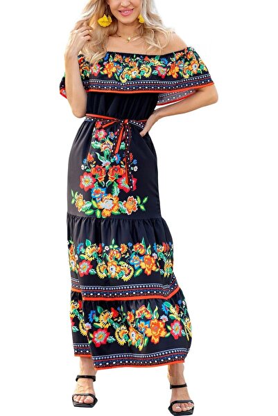 GENERAL Xplanet Mexican Dress for Women Off Shoulder Floral Print Maxi Dress ...