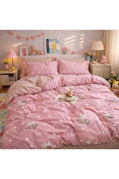 decorami Double bed linen, Finet, 6 pieces, Pink, flowers, polka dots
