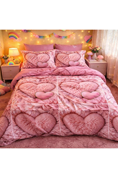 decorami Double bed linen with Stretchy, Finet, 6 pieces, Pink, fluffy hearts