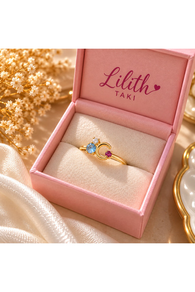 Lilith Takı خاتم على شكل حرف C ذهبي اللون - خاتم نسائي أنيق ولامع مع تفاصيل ح...