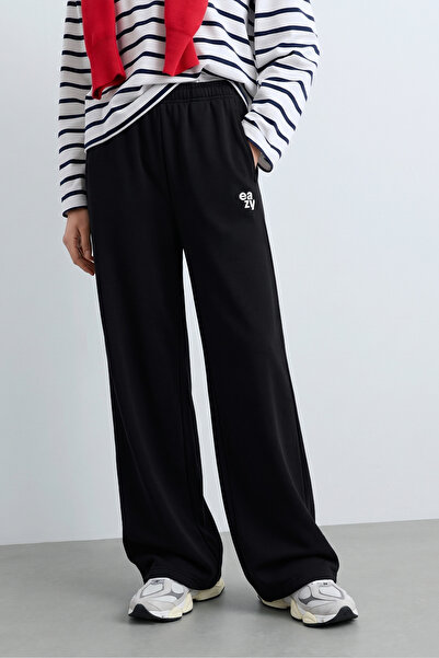Eazy Co Women's Black Cotton Wide Leg Sweatpants Wide Leg Palazzo Elastic Wai...
