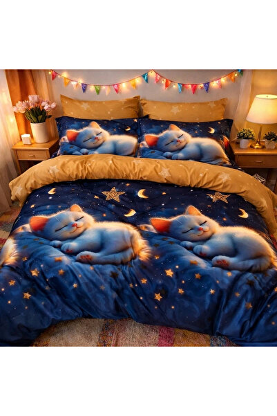 decorami Double bed linen with Stretchy, Finet, 6 pieces, Blue, kittens