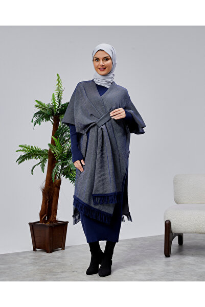 CNR TEKSTİL Women's Anthracite Belted Tasseled Knitwear Poncho Shawl Collar O...