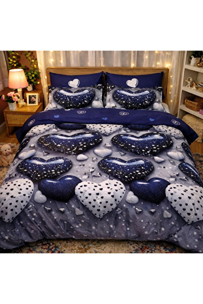 decorami Double bed linen with Stretchy, Finet, 6 pieces, Blue, hearts