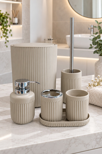 NOKKA Set de accesorii pentru baie Melo, 6 piese, cu dungi - Bej
