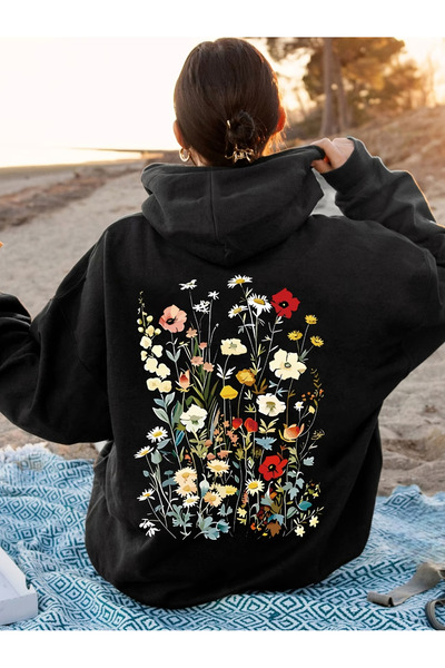 one button Hanorac oversize cu glugă premium, cu imprimeu pe spate cu flori c...