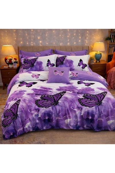 decorami Double bed linen with Stretchy, Finet, 6 pieces, White, Purple, butt...