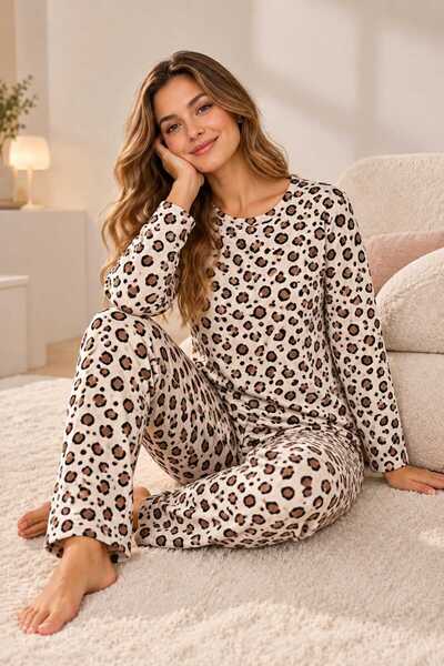 Sude HOMEWEAR Süet Kadın Leopar Desenli Basic Model Pijama Takımı