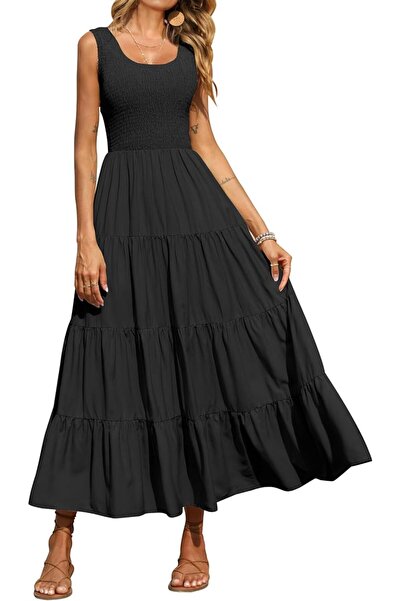 PRETTYGARDEN Women's Casual Loose Plain Maxi Sundress Smocked Tank Dress Slee...