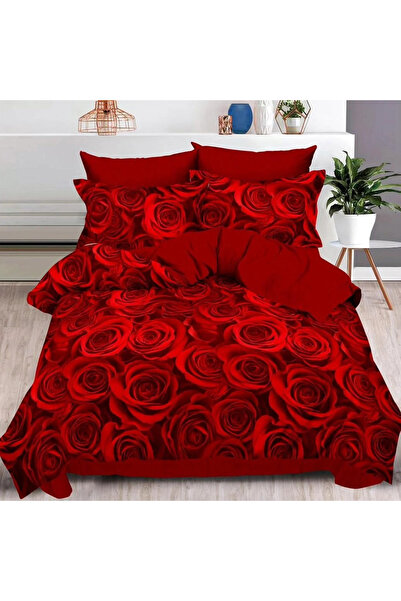 decorami Double bed linen with Stretchy, Finet, 6 pieces, Red, roses