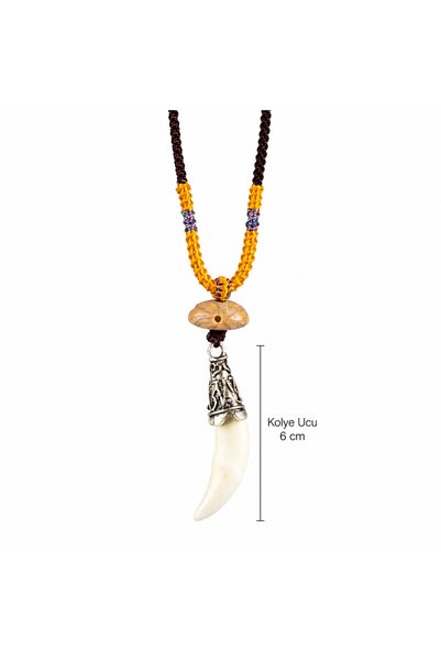 HER ŞEY NOTA www.herseynota.com Tooth Shaped 6 cm End Brown String Men's Necklace Silver Color Engraved Original Design